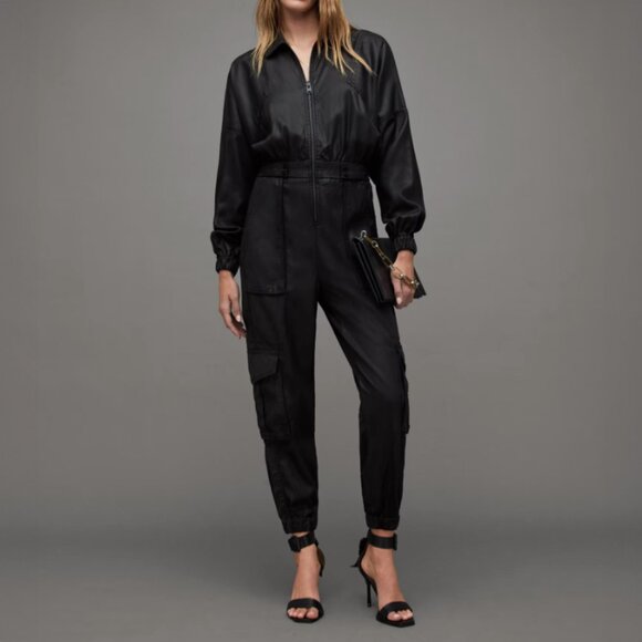 ALLSAINTS Freda Relaxed Fit Coated Jumpsuit Cargo Pockets Full-length Leg NWT
